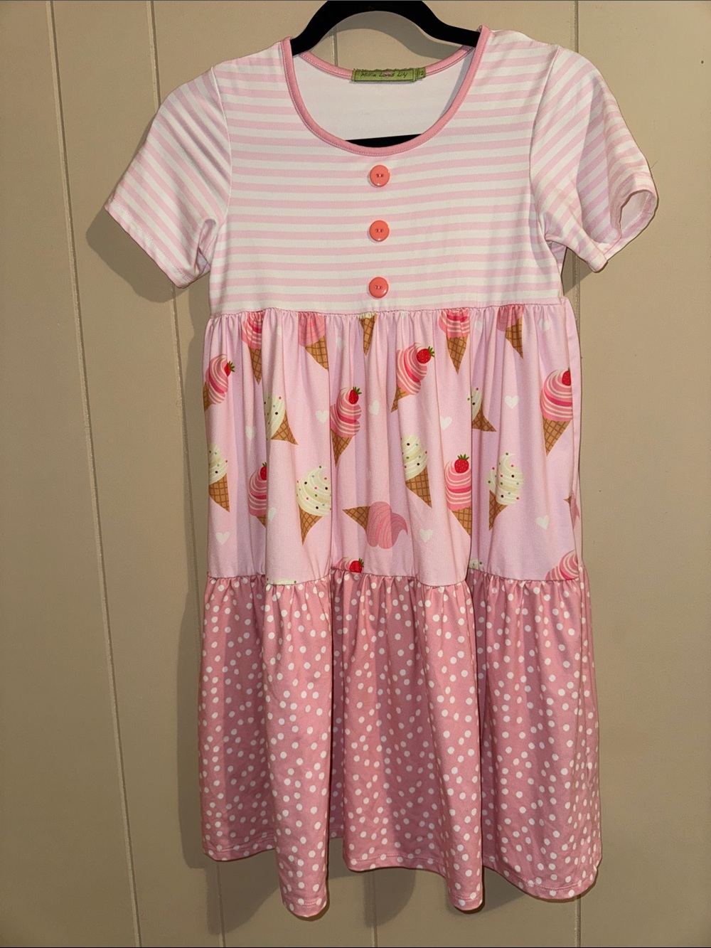 Girls' Pink Ice Cream Print Tiered Short Sleeve Dress